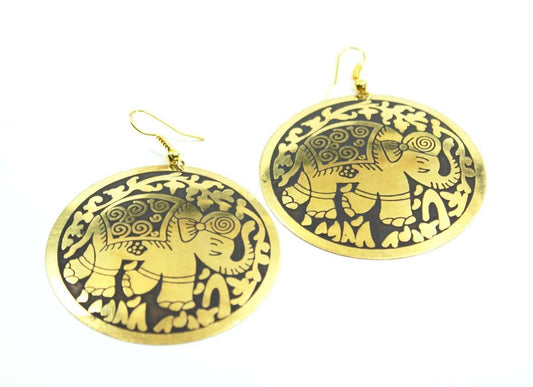 Black on Gold Tone Traveling Elephant Earrings