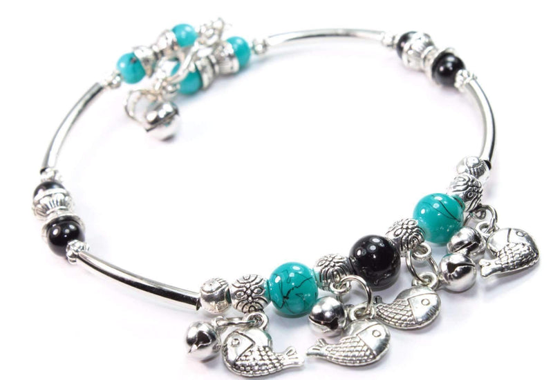 Turquoise & Red Dangling Fish Charms Bracelet