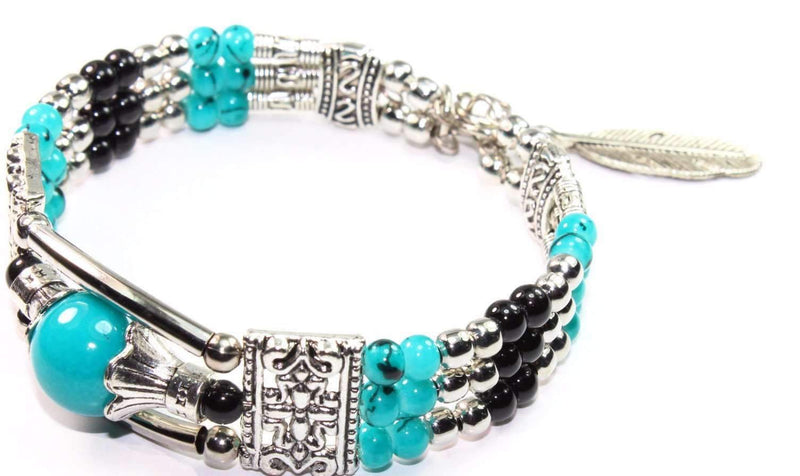 Turquoise & Black Feather Charm And Beads Bracelet