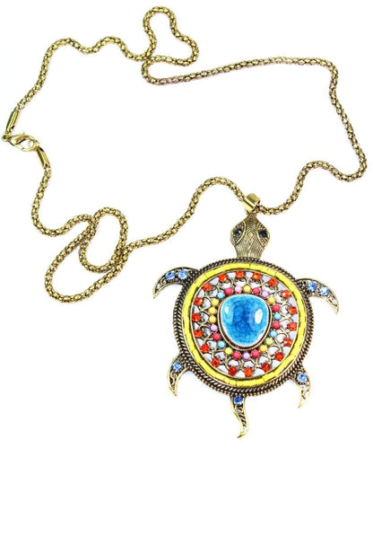 Multi Color Big Turtle Shimmer Pendant Necklace