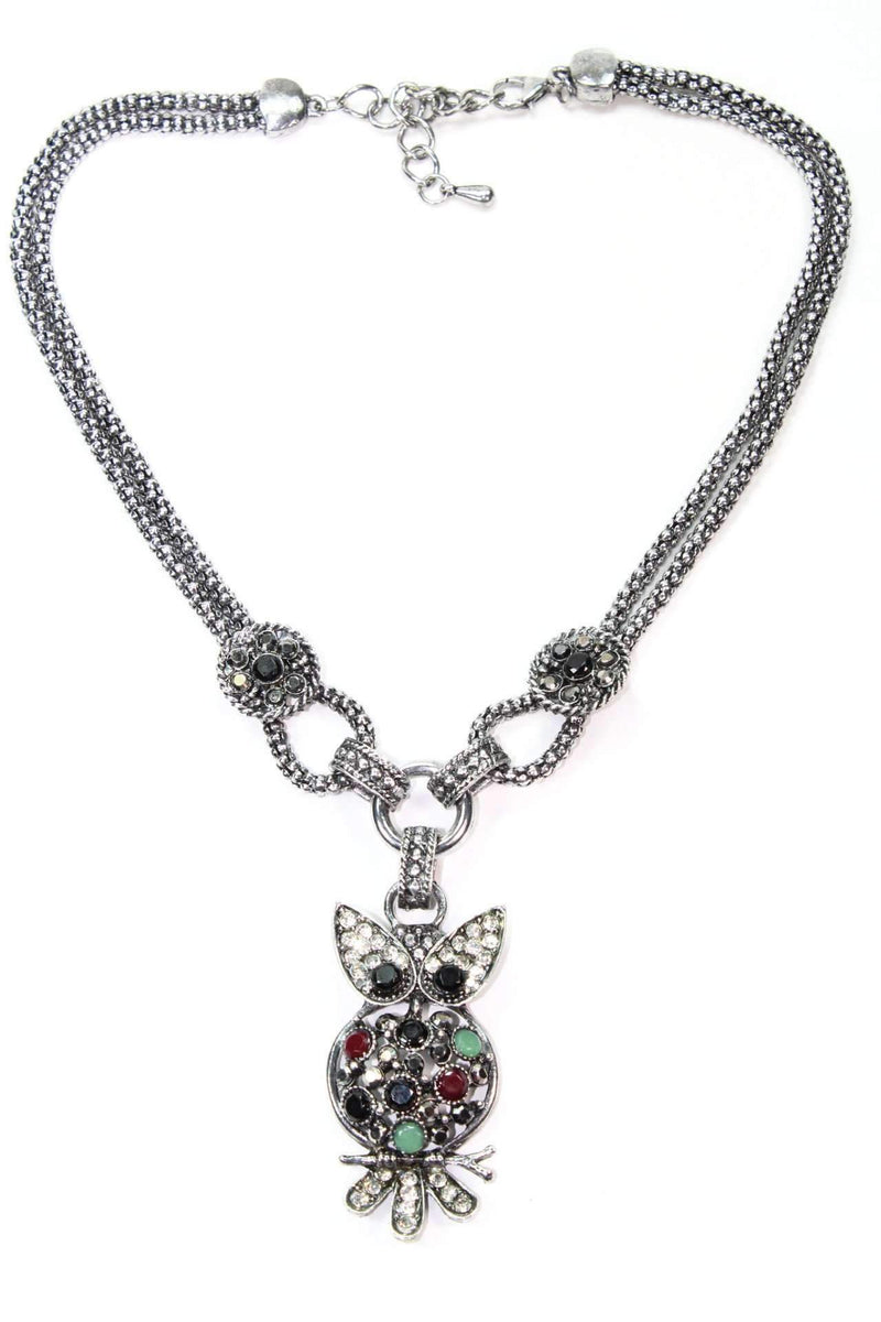 Multi Color Dazzling Perched Owl Necklace
