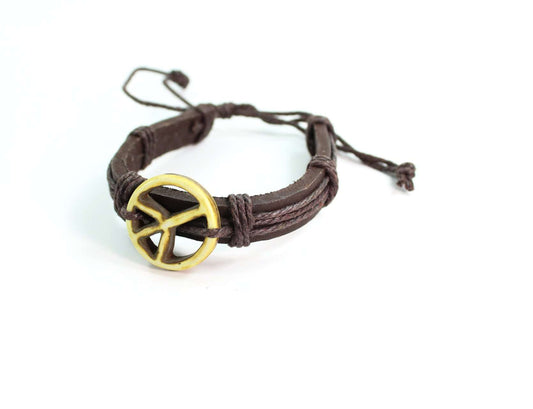 Peace Symbol Leather Bone Bracelet