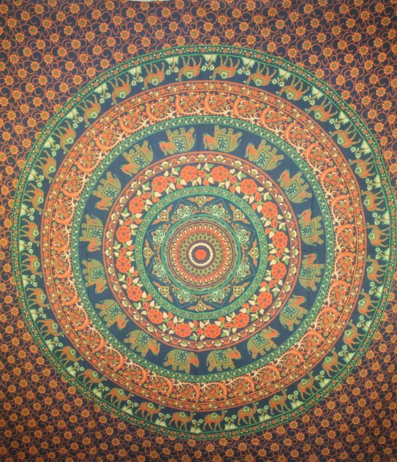 Dark Blue Kaleidoscope Mandala Flowers & Animals Tapestry