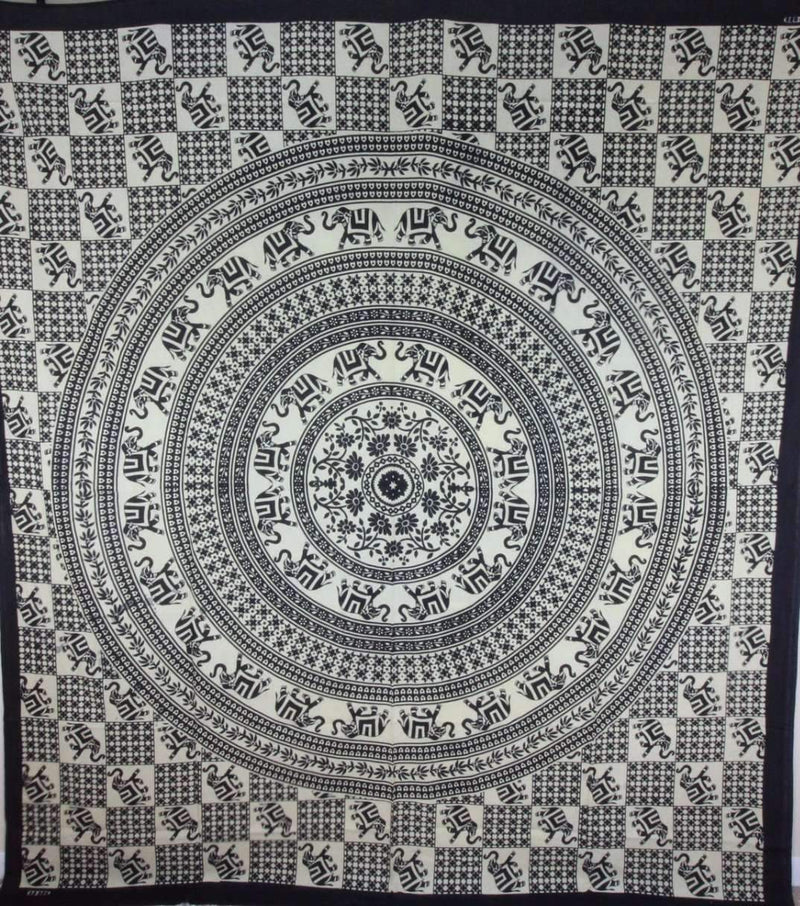 Checkerboard Floral & Elephant Mandala Tapestry