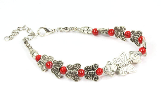 Red Butterflies And Four Clover Charms Bracelet