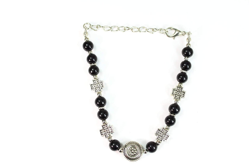 Black Antique Style Cross & Flower Charm Bracelet
