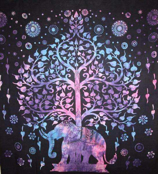 Blue/Purple Majestic Elephant and Tree of Life Tie Dye Tapestry