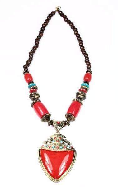 Coral Red & Turquoise Tribal Art Deco Necklace