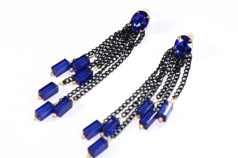 Deep Blue Chain & Beads Dangle Earrings