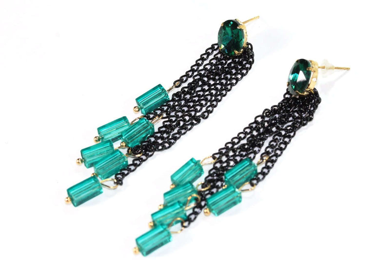 Blue Green Chain & Beads Dangle Earrings