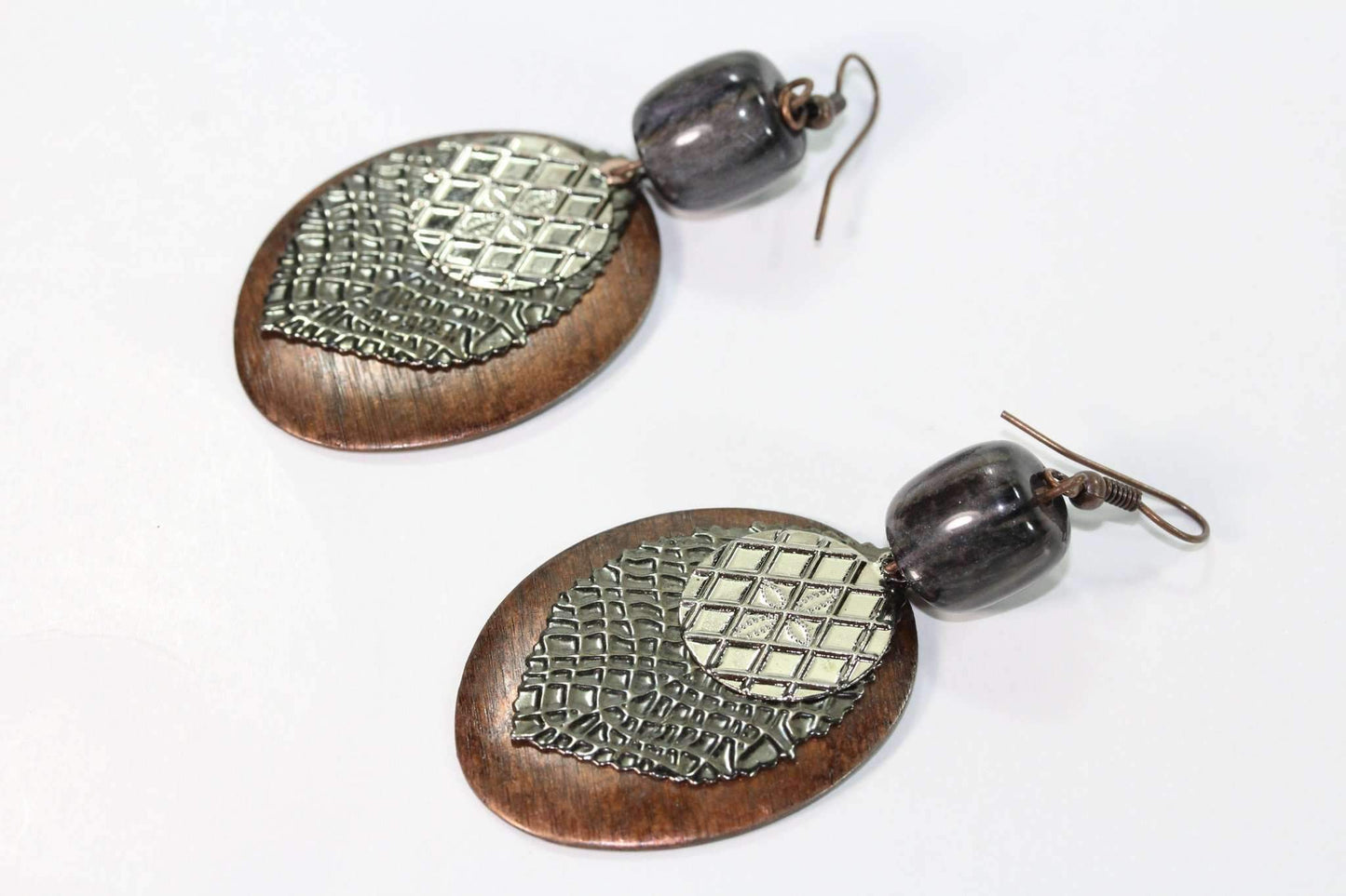 Black Charcoal Grey Three Disc & Stone Earrings