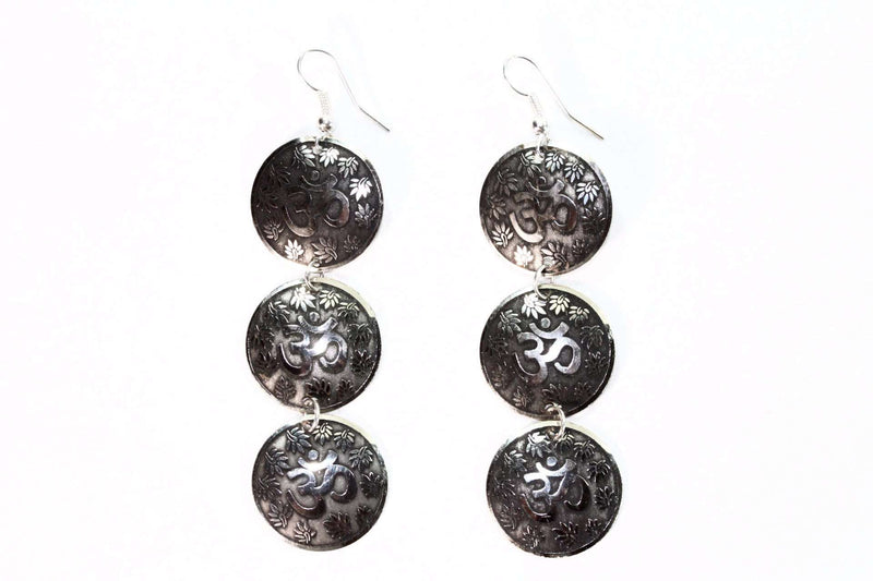 Silver Tone Three Tier Om Earrings with Lotus Petals
