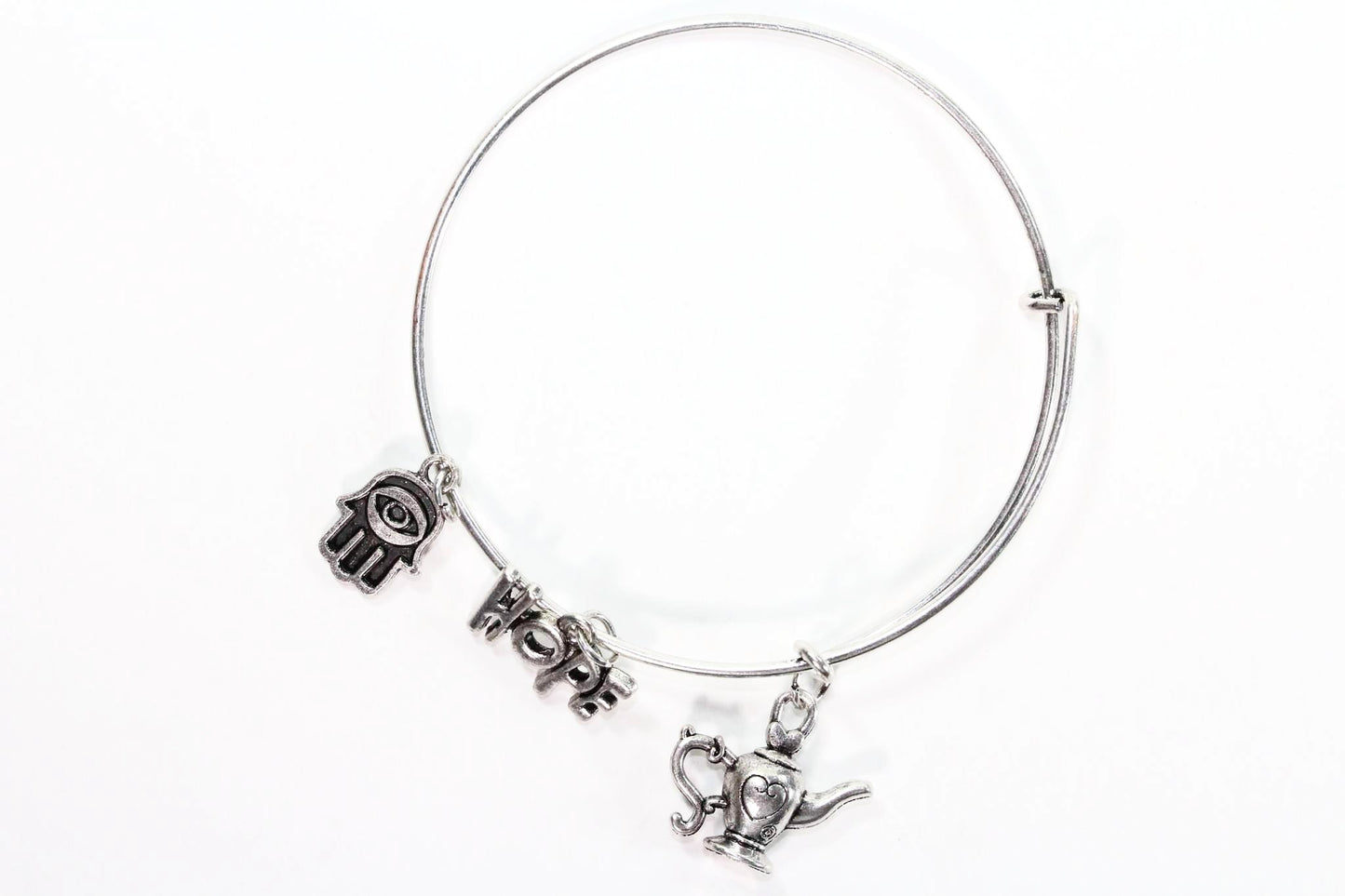 Silver Tone Charm Bangle with Hamsa Hand, Hope, and Genie Lamp Charms