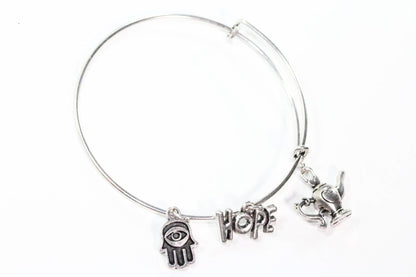 Silver Tone Charm Bangle with Hamsa Hand, Hope, and Genie Lamp Charms