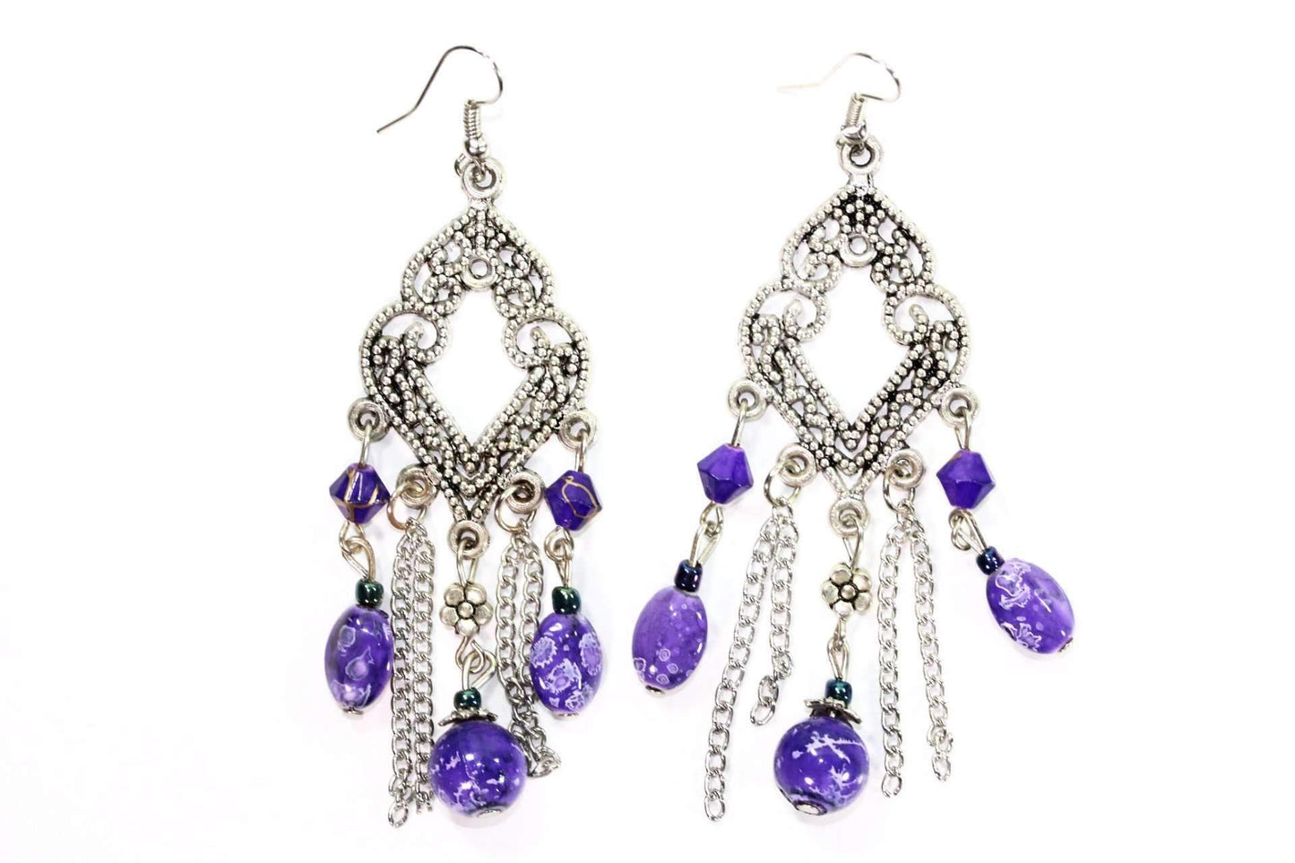 Purple Filigree Open Work & Marbled Beaded Earrings
