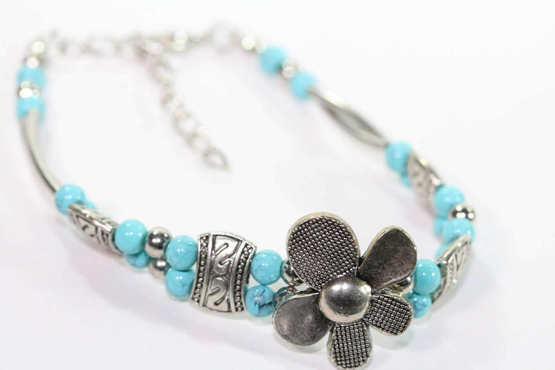 Silver Petal Flowers with Turquoise color & Silver Tone Beads Bracelet