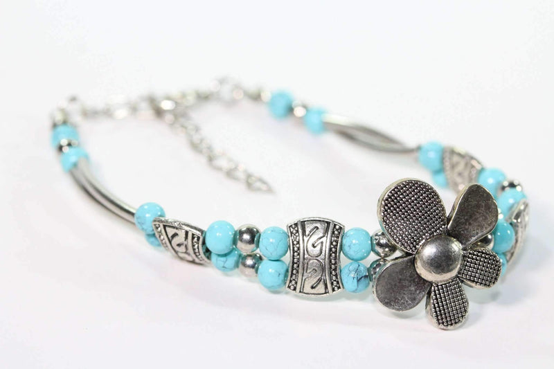 Silver Petal Flowers with Turquoise color & Silver Tone Beads Bracelet
