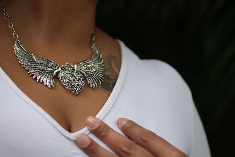 Silver Tone Angel Wings Heart Necklace by Wild Lotus