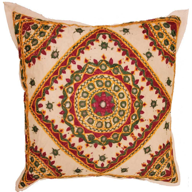 Red Indian Mirror Work Chandrama Cushion Cover Design Home Accent Furnishing - 16 x 16 | @wildlotusbrand | Wild Lotus®