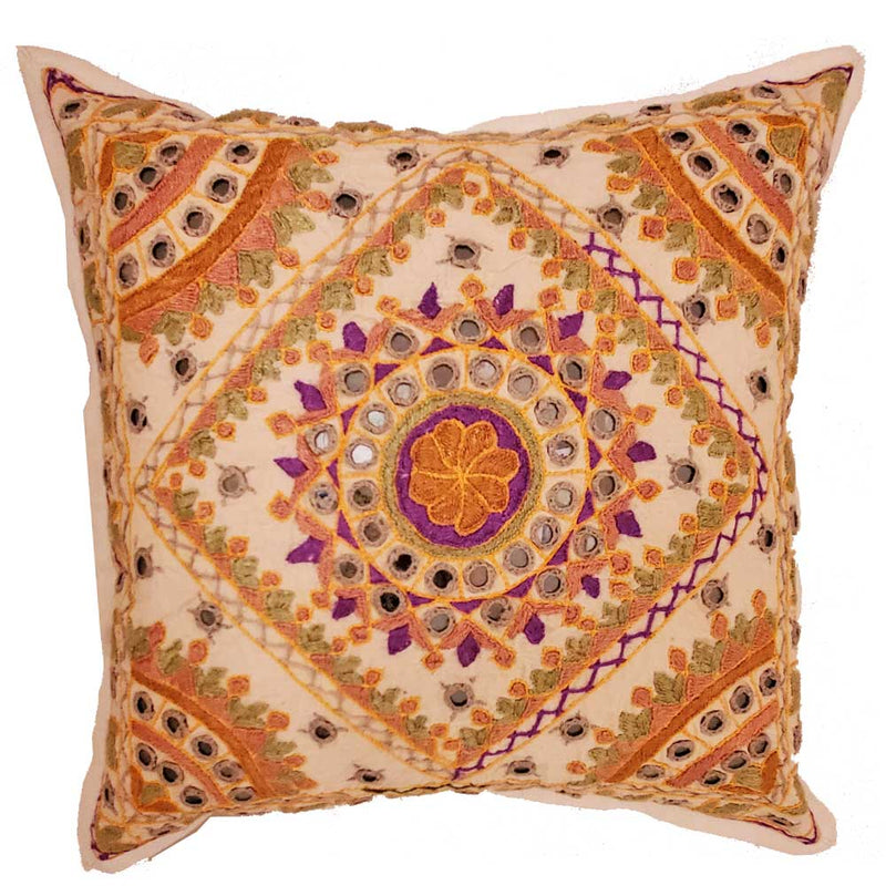 Yellow Indian Mirror Work Chandrama Cushion Cover Design Home Accent Furnishing - 16 x 16