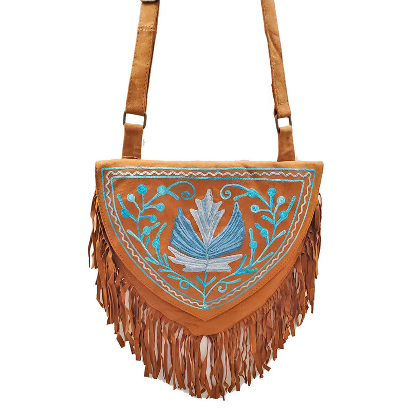 Kashida Embroidery of Bihar Suede Purse with Fringe Tassel Shoulder Bag | Blue | Wild Lotus®