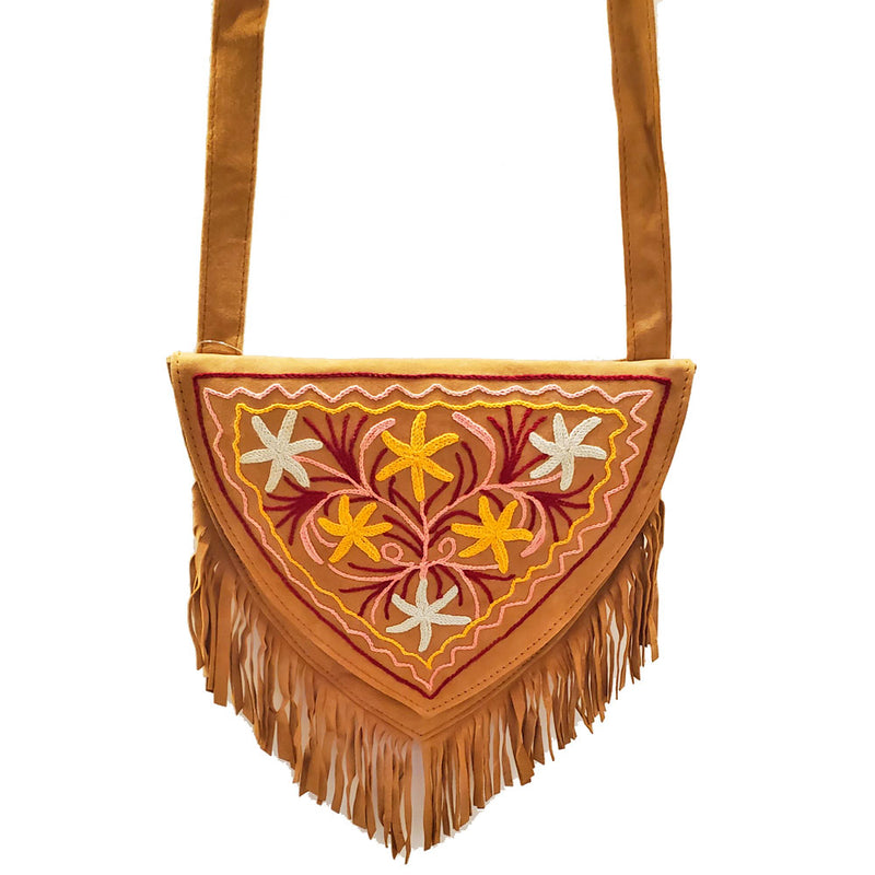 Kashida Embroidery of Bihar Suede Purse with Fringe Tassel Shoulder Bag | Yellow & White | @wildlotusbrand