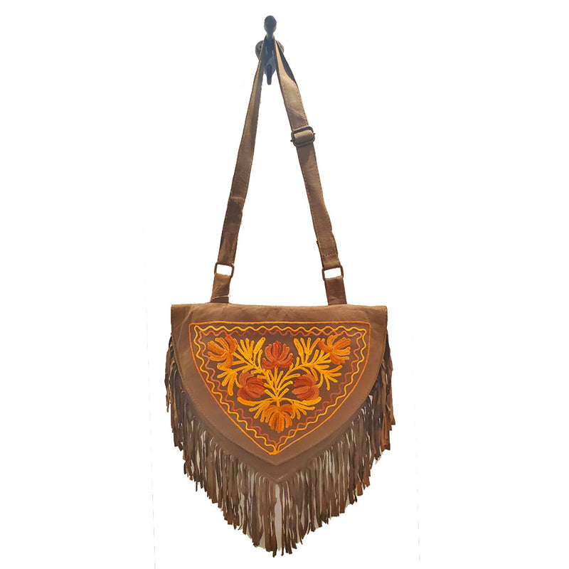 Kashida Embroidery of Bihar Suede Purse with Fringe Tassel Shoulder Bag | Wild Lotus® | @wildlotusbrand