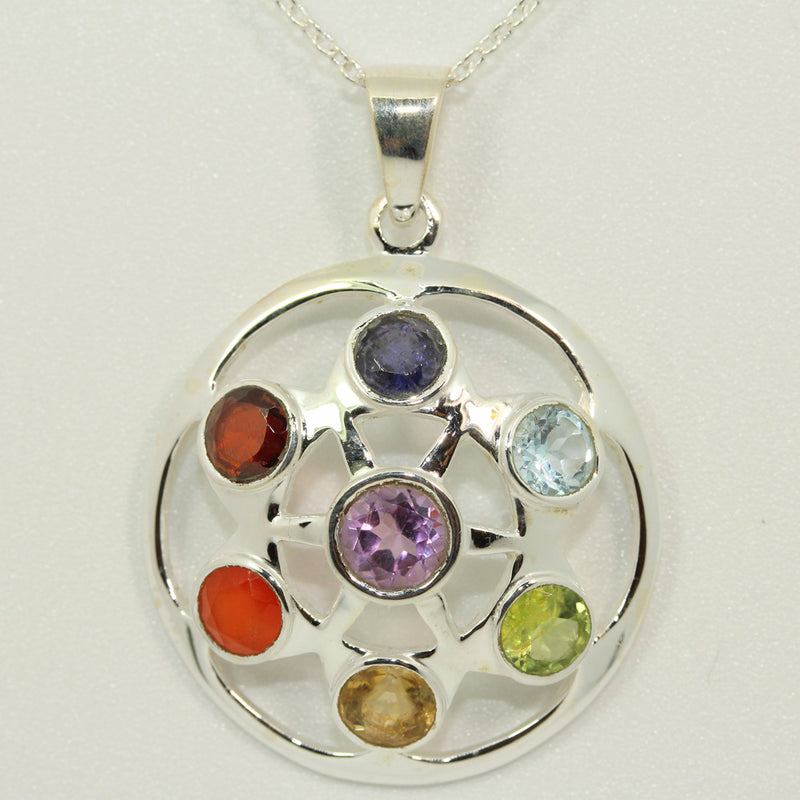 Seven Chakra Multi Gemstone Sterling Silver Pendant Necklace