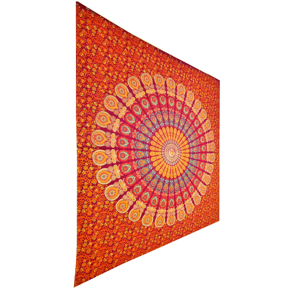 Maroon Peacock Feather Mandala Art Deco Design Pattern Tapestry