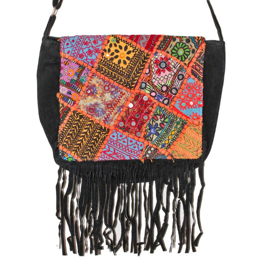 Mirror Work Fabric Patchwork Embroidery Pattern Vintage Canvas Fringe Suede Crossbody Bag | Wild Lotus® | @wildlotusbrand
