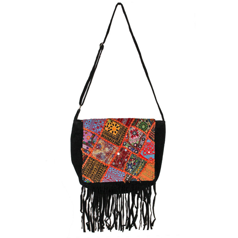 Mirror Work Fabric Patchwork Embroidery Pattern Vintage Canvas Fringe Suede Crossbody Bag | Wild Lotus®