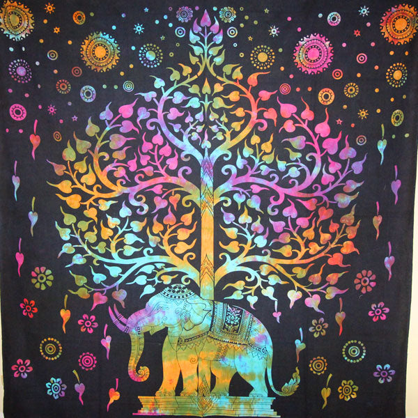 Multi Color Majestic Elephant And Tree of Life Tie Dye Tapestry