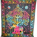 Multi Color Majestic Elephant and Tree of Life Tie Dye Bordered Tapestry
