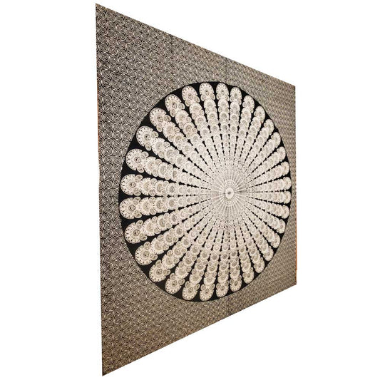 Optical Illusion Black and White Spiral Peacock Dance Mandala Tapestry | @wildlotusbrand | Wild Lotus®