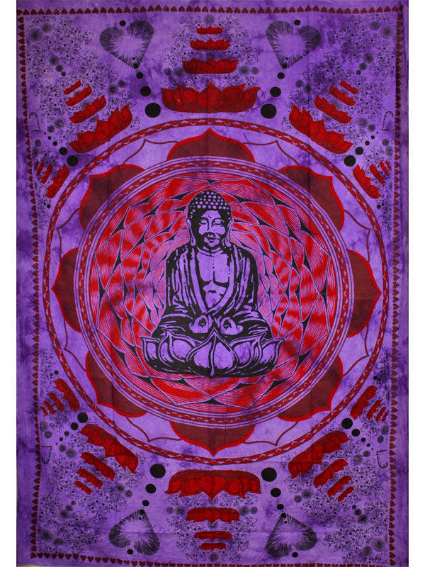 Purple Buddha In Dharma Chakra Mudra On A Lotus Flower Tapestry