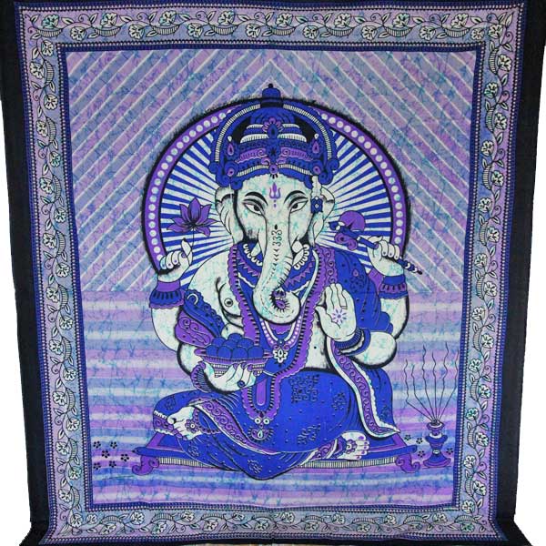 Purple Ganesha Holding Lotus Flower In Batik Style Tie Dye Tapestry