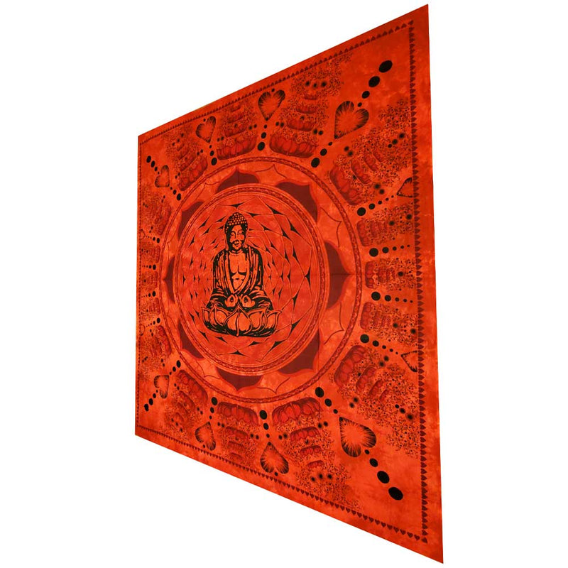 Red Buddha In Dharma Chakra Mudra On A Lotus Flower Full Size Tapestry Wall Art | @wildlotusbrand | Wild Lotus®