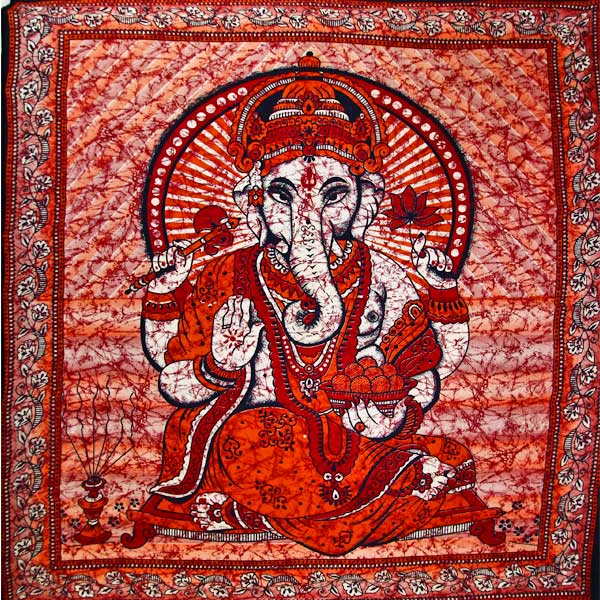 Red Ganesha Holding Lotus Flower In Batik Style Tie Dye Tapestry