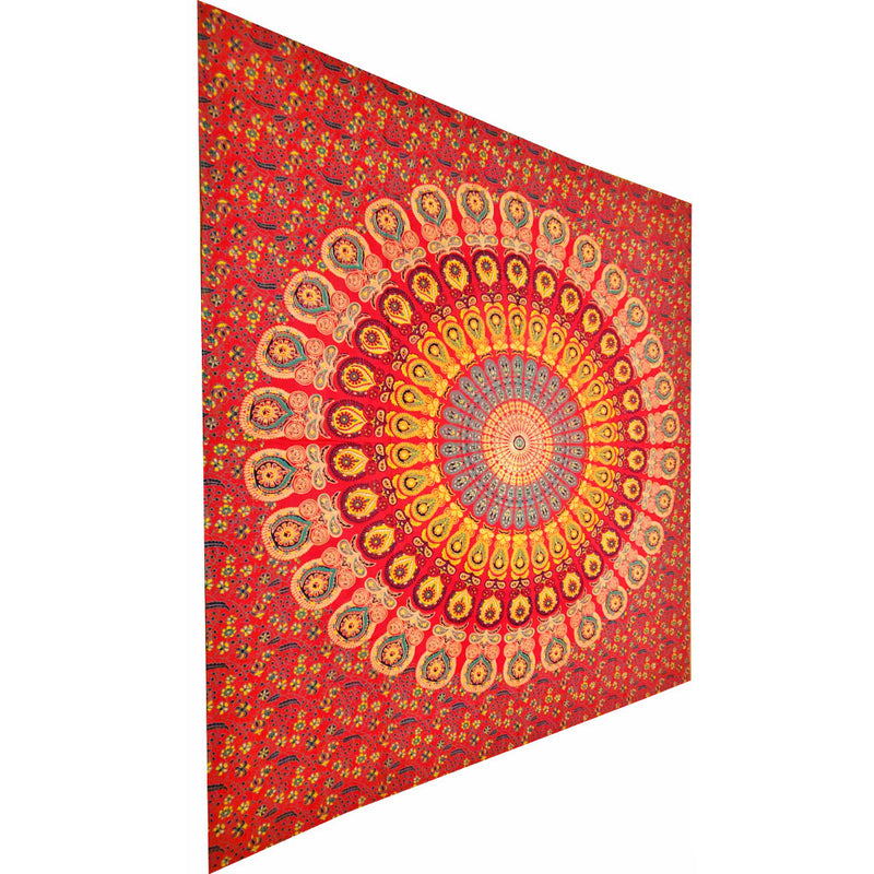 Red Peacock Feather Mandala Art Deco Design Pattern Tapestry