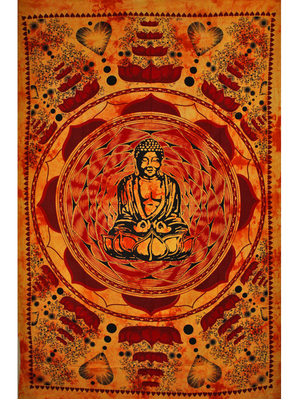 Saffron Buddha In Dharma Chakra Mudra On A Lotus Flower Tapestry