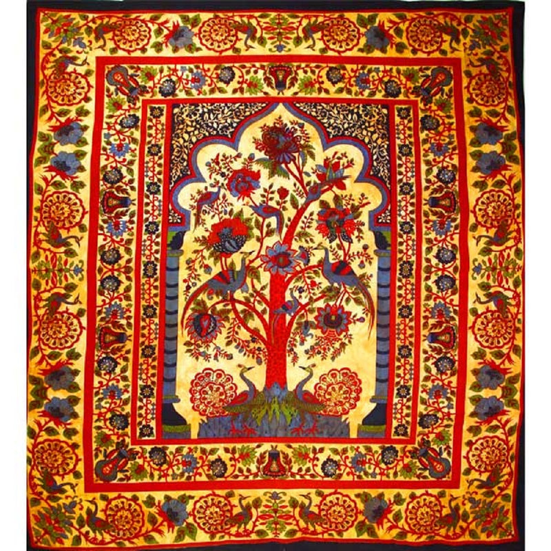 Saffron Tree of Life Peacock Tapestry