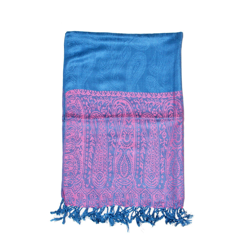 Blue Paisley Pattern Print Tassel Scarf with Pink Border | Wild Lotus® | @wildlotusbrand