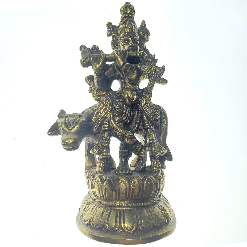 Small Lord Krishna Kishan Kanha with Kamdhenu Cow Murti Idol Statue Sculpture Brass Statue