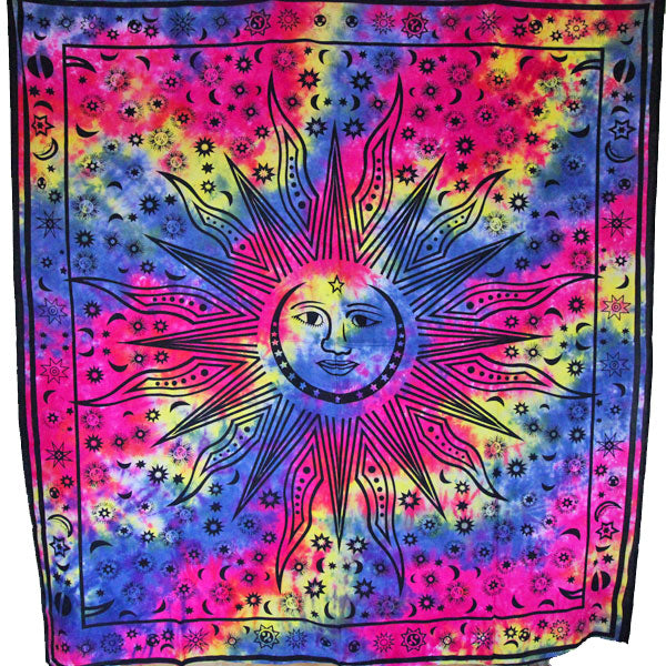 Smiling Sun with Crescent Moon & Stars Tie Dye Tapestry