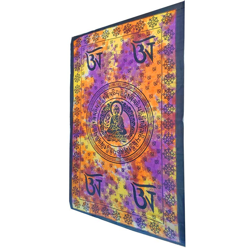 Tie Dye Buddhist Om Symbol Tapestry Wall Hanging with Seven Chakra Symbol Border