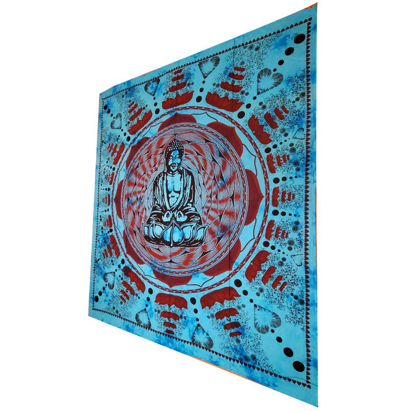 Turquoise Buddha In Dharma Chakra Mudra On A Lotus Flower Full Size Tapestry Wall Art | @wildlotusbrand | Wild Lotus®