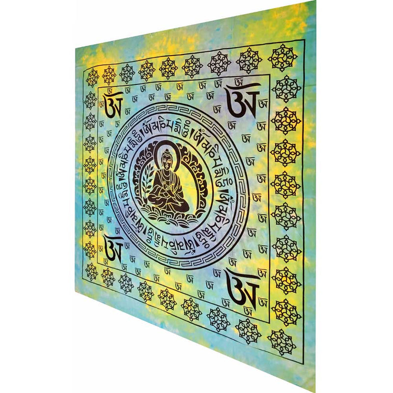Turquoise Buddhist Om Symbol Full Size Tapestry Wall Hanging with Seven Chakra Symbol Border | Wild Lotus® | @wildlotusbrand