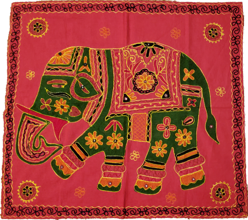 Unique Aari Work Design Embroidered Red Cotton Fabric Square Elephant Banner -  32" x 29.50"