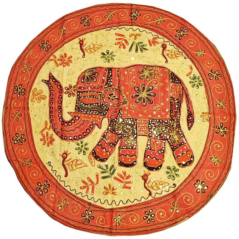 Unique Aari Work Design Embroidered Cotton Sequin Fabric Round Backdrop Elephant Circle Banner - 33" Diameter