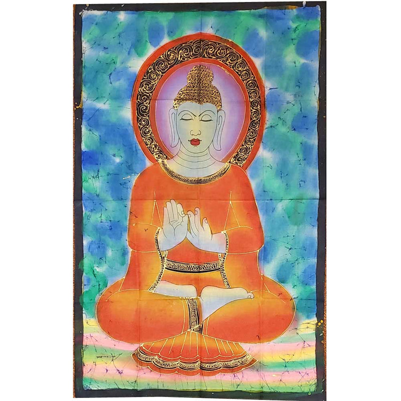 Blue Buddha Teaching Double Lotus Position Meditation Hand Painted Wall Mural Banner